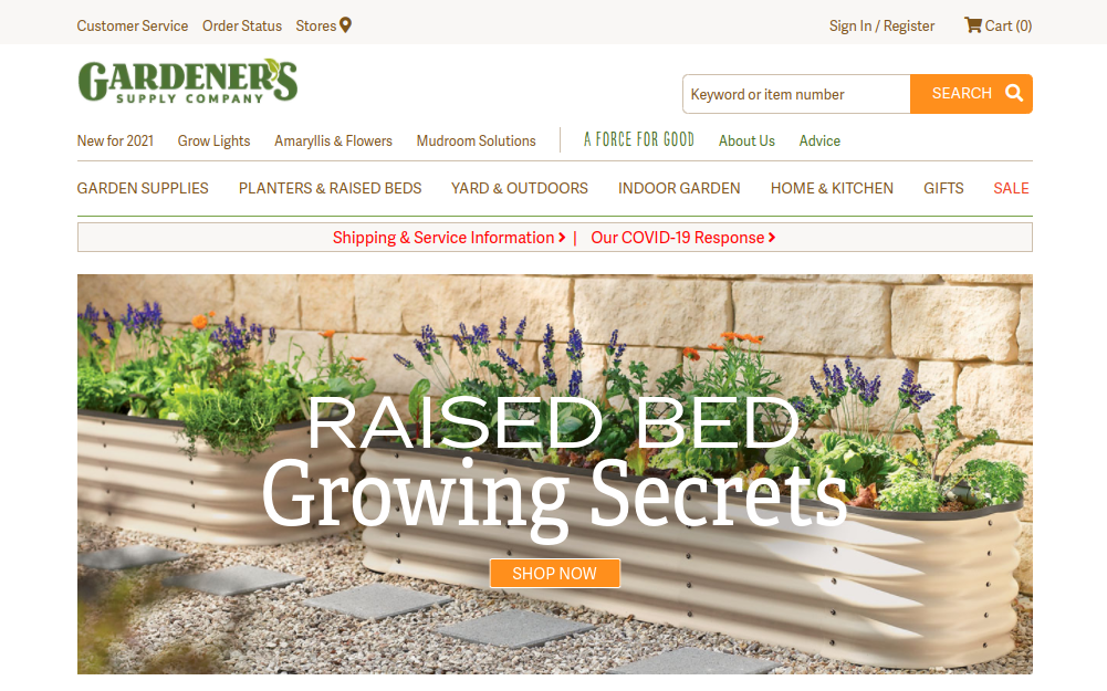 screenshot of Gardener's Supply Company website
